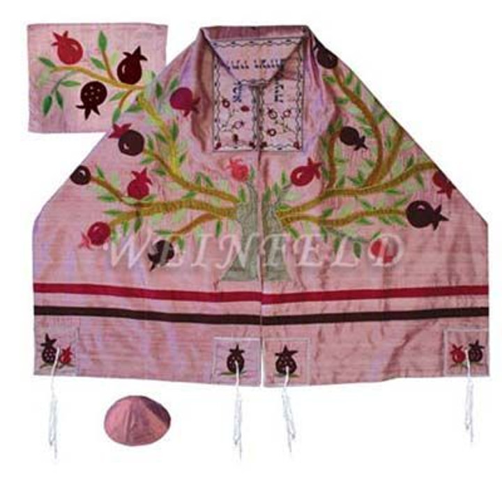 Embroidered Raw Silk Tallit - Tree of life - Pomegranates pink Embroidered Raw Silk Tallit - Tree of life - Pomegranates pink