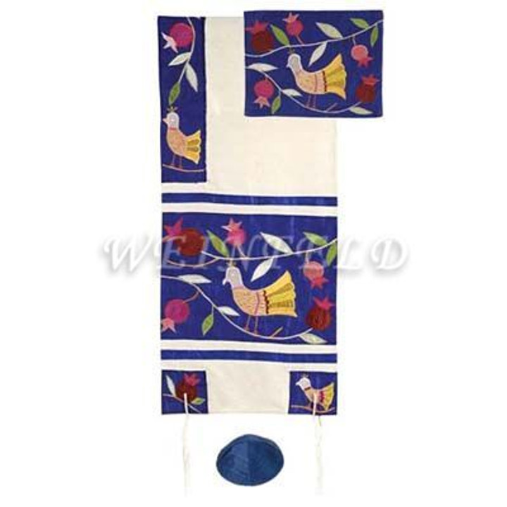Embroidered Raw Silk Tallit - Birds blue Embroidered Raw Silk Tallit - Birds blue