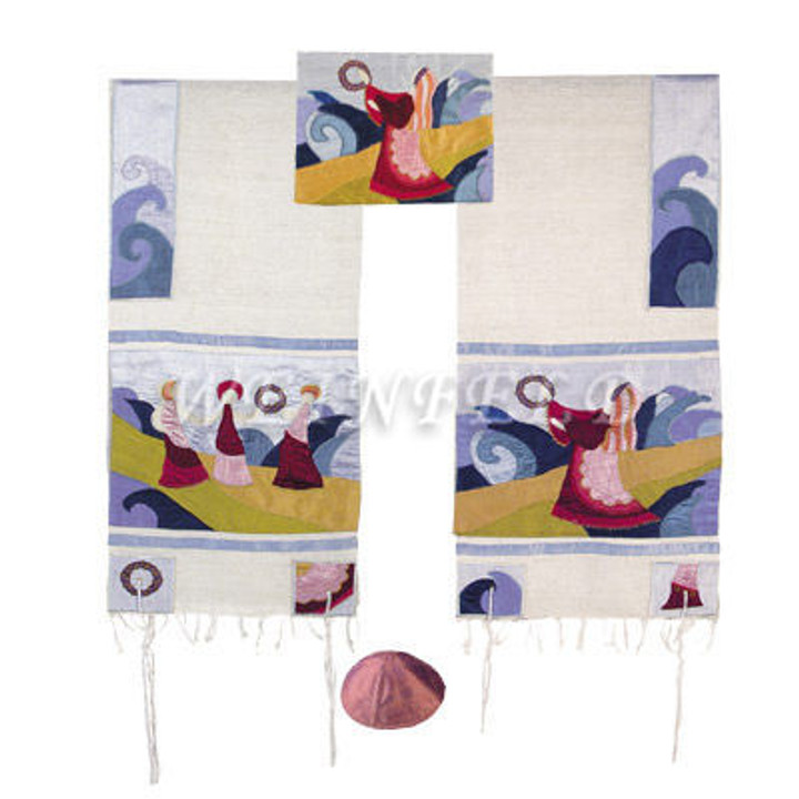 Embroidered Raw Silk Tallit - Miriam and the drum Embroidered Raw Silk Tallit - Miriam and the drum