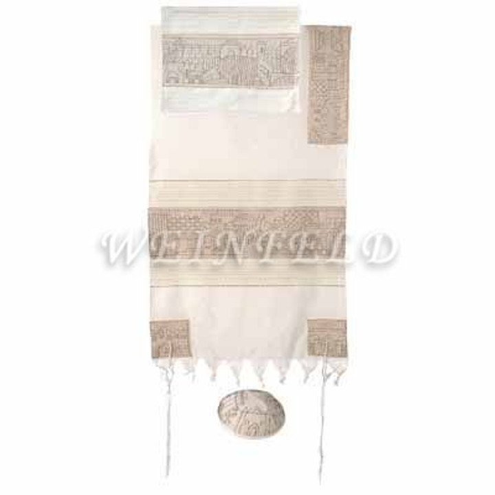 Embroidered Cotton Tallit - Jerusalem In Silver - TFE-2 Embroidered Cotton Tallit - Jerusalem In Silver - TFE-2