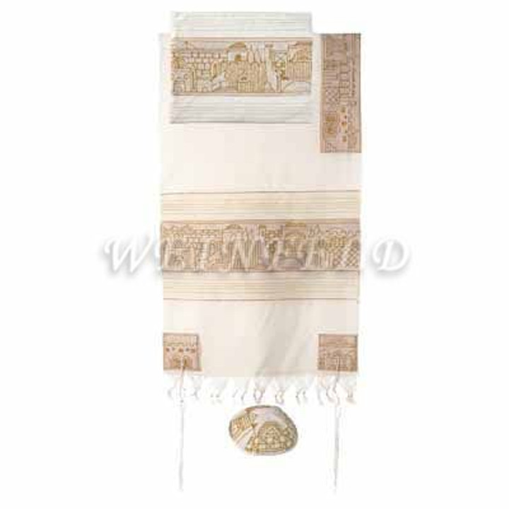Embroidered Cotton Tallit - Jerusalem In Gold - TFE-5 Embroidered Cotton Tallit - Jerusalem In Gold - TFE-5