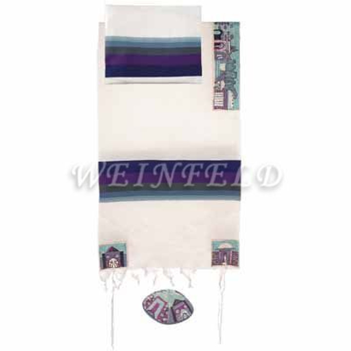 Embroidered Cotton Tallit - Jerusalem In Blue Embroidered Cotton Tallit - Jerusalem In Blue