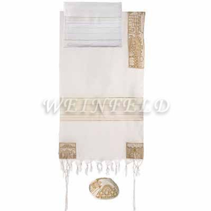Embroidered Cotton Tallit - Jerusalem In Gold Embroidered Cotton Tallit - Jerusalem In Gold