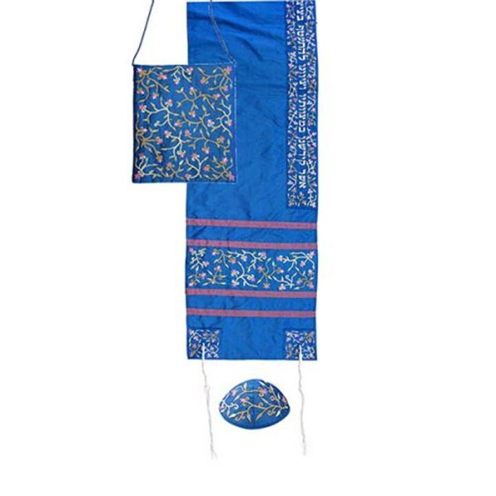Embroidered Raw Silk Women Tallit - Tallisack - Flowers Blue Embroidered Raw Silk Women Tallit - Tallisack - Flowers Blue