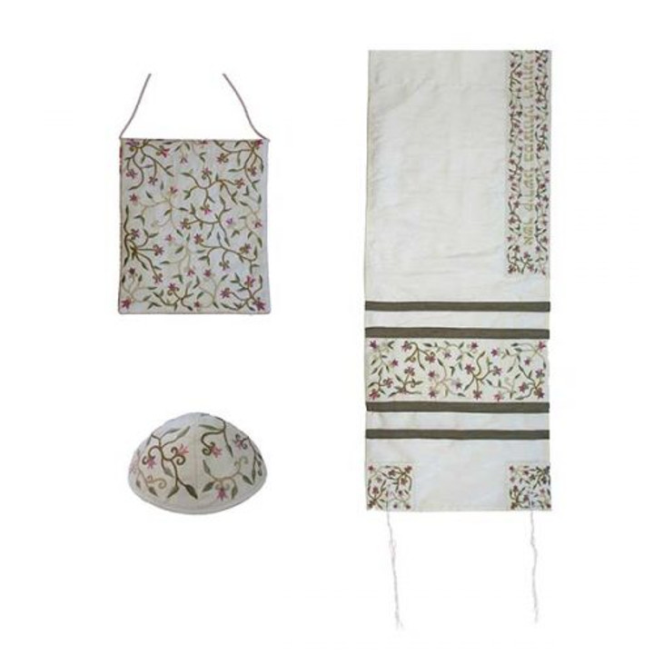 Embroidered Raw Silk Women Tallit - Tallisack - Flowers White Embroidered Raw Silk Women Tallit - Tallisack - Flowers White