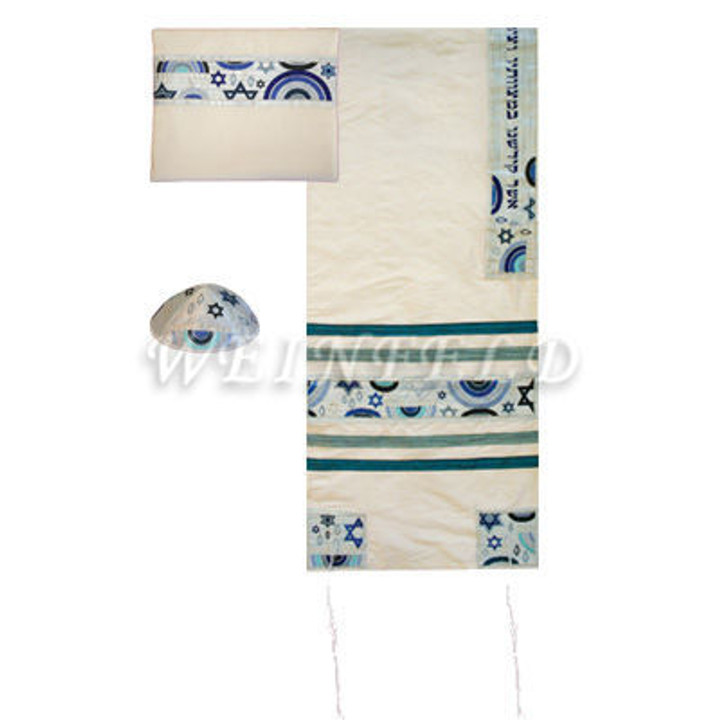 Embroidered Raw Silk Tallit - David Star Rainbow - Blue Embroidered Raw Silk Tallit - David Star Rainbow - Blue