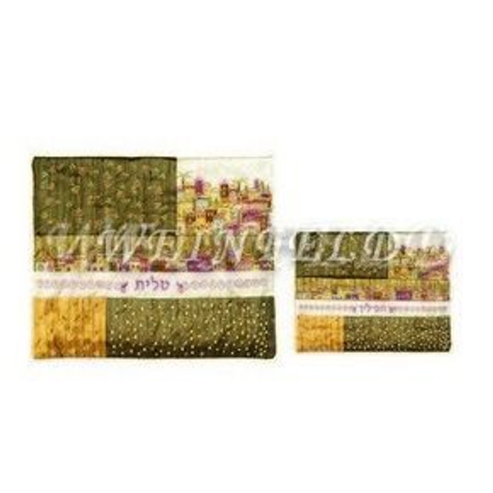 Embroidered Tallit and Tefillin Bag - Jerusalem Quilt in Wheat Embroidered Tallit and Tefillin Bag - Jerusalem Quilt in Wheat