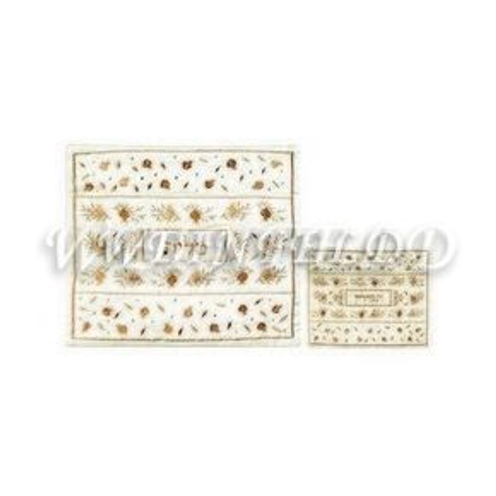 Embroidered Tallit and Tefillin Bag - Pomegranates in Gold on White