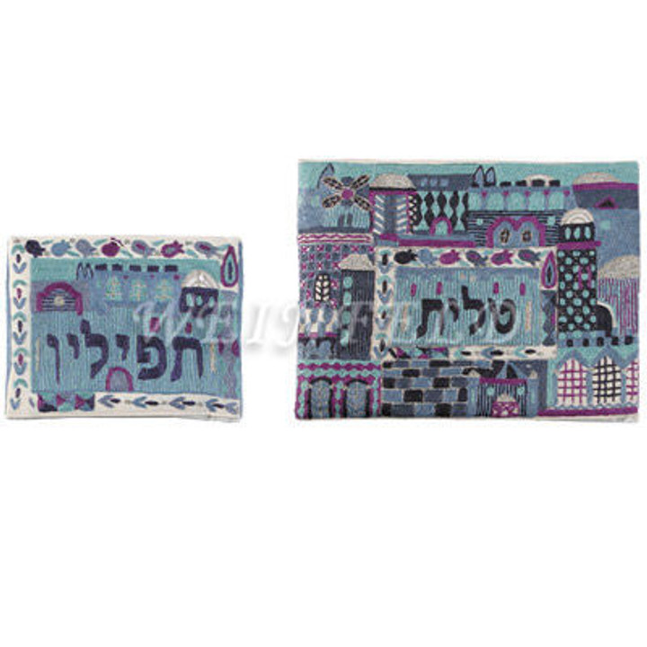 Hand Embroidered Tallit and Tefillin Bag - Blue Hand Embroidered Tallit and Tefillin Bag - Blue