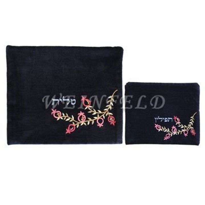 Velvet Embroidered Tallit and Tefillin Bag Set - Pomegranates in Black - TV-FV-3 Velvet Embroidered Tallit and Tefillin Bag Set - Pomegranates in Black - TV-FV-3