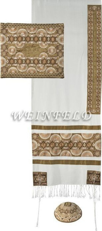 Embroidered Raw Silk Tallit - Magen David Rainbow Gold Embroidered Raw Silk Tallit - Magen David Rainbow Gold