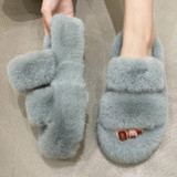 Blue Double Strap Faux Fur Slippers