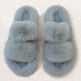 Blue Double Strap Faux Fur Slippers