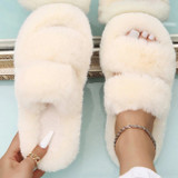White Double Strap Faux Fur Slippers