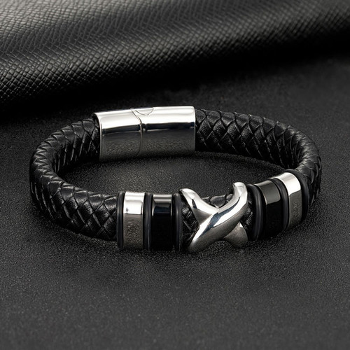 Men's Silver X Leather Bracelet