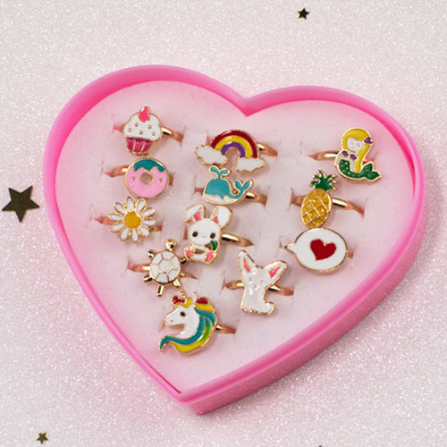 Kids Adjustable Ring Set in Heart Shaped Box - 12pc