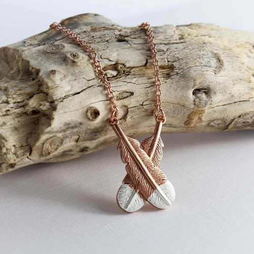 Little Taonga Rose Gold Huia Crossed Feather Necklace