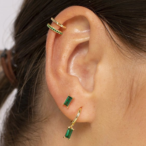Mini Hoop Earrings - Gold and Green CZ