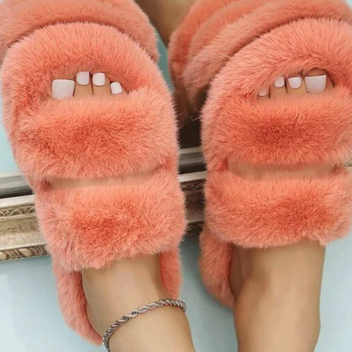 Orange Double Strap Faux Fur Slippers