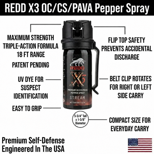 Redd, X3 OC/CS/PAVA Pepper Spray - Flip Top Stream (2 oz), Belt Clip Model
