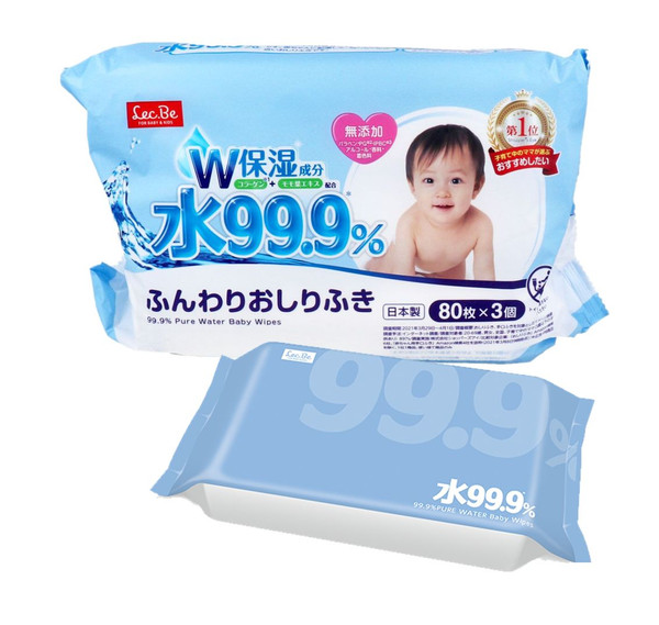 LEC 99.9% Pure Water Wipes (Everyday) 80 sheets x 18 single packs *Improved version