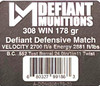 308 WIN 178gr Defiant Defensive Match Ammunition