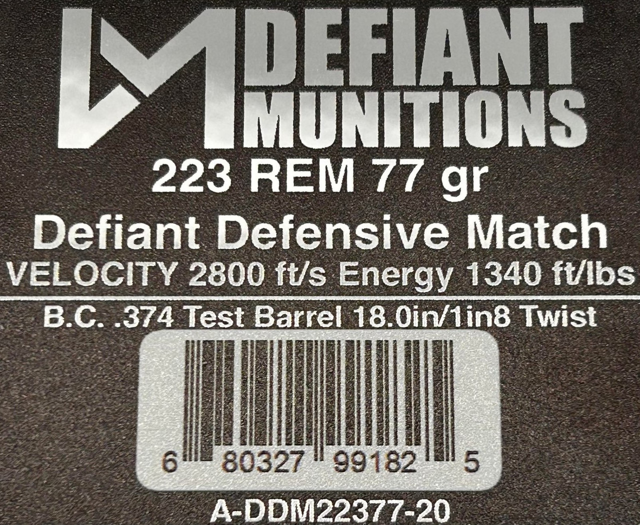 223 REM 77gr Defiant Defensive Match (DDM) - Defiant Munitions