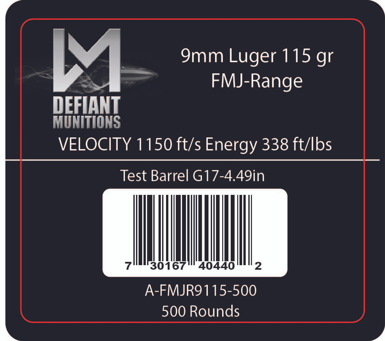 9mm Luger 115 gr FMJ Defiant Range (500 rounds per AMMO CAN)