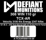 Defiant Munitions 308 Win 110gr Total Copper X-panding (TCX) Auto Rifle ammunition box and cartridges