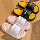 Black Yellow Men's Anti-Slip Striped Lozenge Texture Slippers. Pink women's slippers.