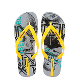 Yellow seaside beach shoes with trendy graffiti print.