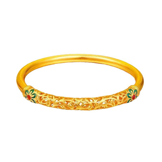 Gold-tone copper enamel lotus bangle bracelet with detailed filigree design
