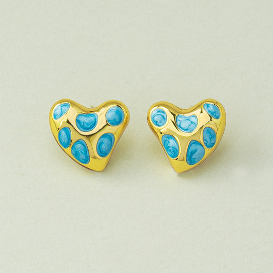 Sky azure enamel heart stud earrings front view