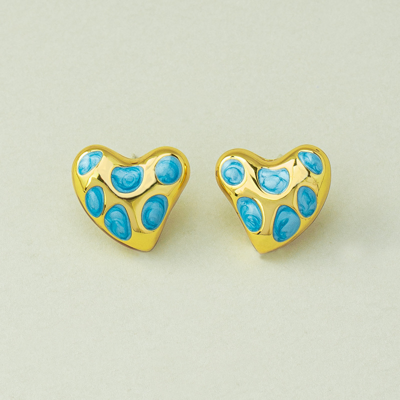 Sky azure enamel heart stud earrings front view
