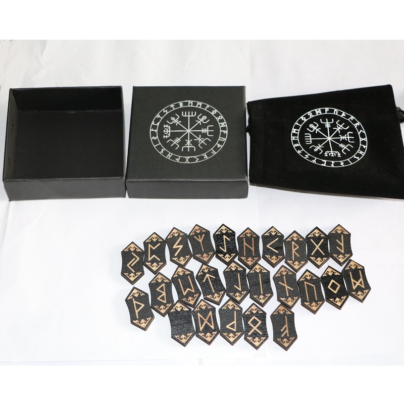 Nordic rune wooden set with black tablecloth, 25 carved runes, storage bag, and presentation box