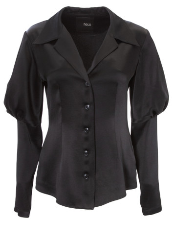 Black Satin Long-Sleeve Button-Up Blouse With Puff Sleeves | ALEXA