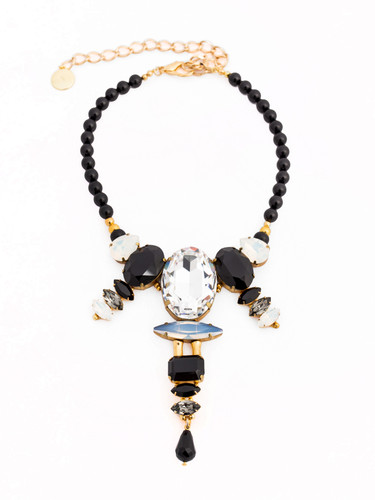 Black Swarovski Glass Beaded Necklace With Crystals