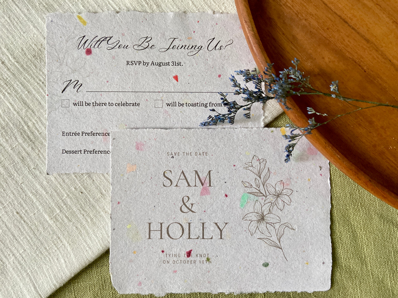 Custom wedding stationery, seen here Save the Date and RSVP examples
