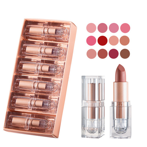 HANDAIYAN Crystal Square Tube Lipstick Matte Lip Gloss 6-Piece Set Waterproof Lipsticks Velvet Finish Lip Color Long-lasting Lip Makeup Kit for Women Girls