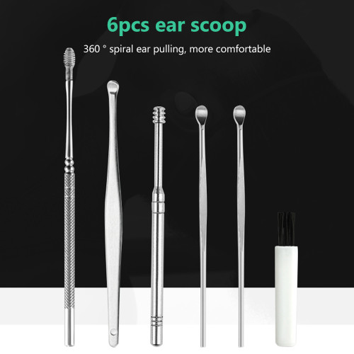 6Pcs Ear Pick Set Stainless Steel Earpick Ear Wax Curette Remover Ear Cleaner Spoon Spiral Ear Clean Tool with Case