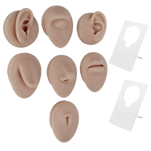 Silicone Piercing Body Model Soft Silicone Ear Mouth Nose Eye Tongue Navel Model with Display Rack for Piercing Practice Dark Skin Color