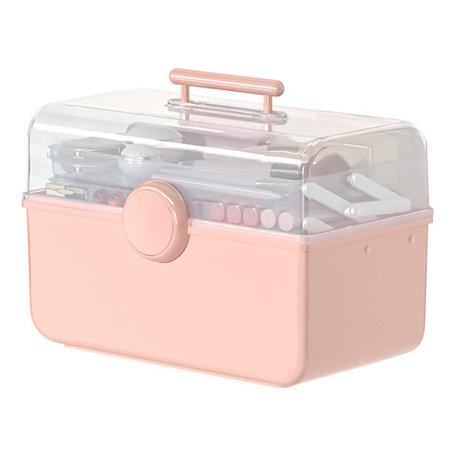 Desktop Makeup Box Transparent Plastic Dustproof High Capacity Handheld Portable Storage Box Extra L Pink