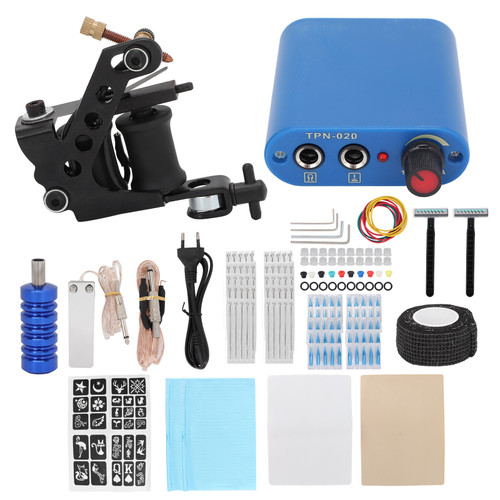 Coil Tattoo Machine Kit Foot Pedal Power Supply Practice Skin Clip Cord Beginner Tattoo Tool Set (90‑265V)EU Plug