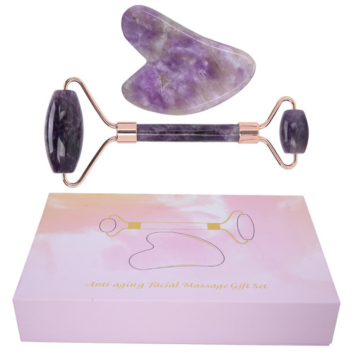 Portable Face Roller Massager Facial Beauty Roller Heart Shaped Gua Sha Board Set(Amethyst Roller HeartShaped Gua Sha Board )