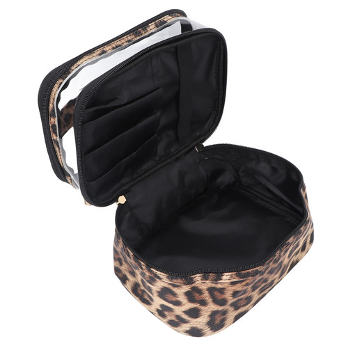 Double Layer Cosmetic Bag PVC Leopard Print Design Portable Large Capacity Makeup Bag with Zipper