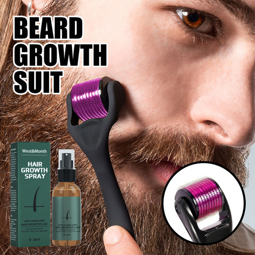 West&Month Beard Growth Kit 30ml Beard Growth Spray Anti-hair Loss + Beard Roller Safe Painless Microneedle Roller