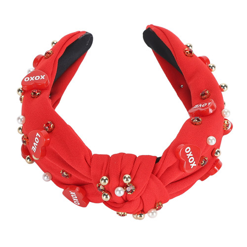 Rhinestone Embellished Knotted Headband Heart Decoration Knotted Jeweled Headband for Valentine Day Red
