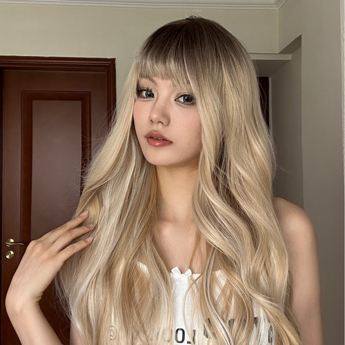 Women's Fashion Wig 26-inch Long Curly Wig with Bangs Trendy Ladies' Hair Wig with Hair Net for Women Party Daily Use