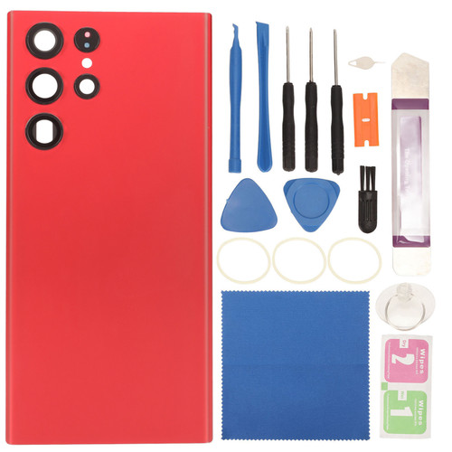 Back Glass Cover Waterproof Housing Door with Camera Glass Lens and Tape Parts Replacement For Samsung Galaxy S22 Ultra S908 Red