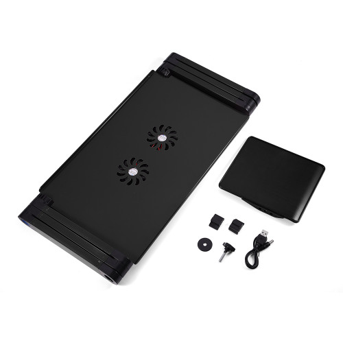 360° Adjustable Foldable Laptop Desk Table Stand Holder w/ Cooling Dual Fan Mouse Boad Black